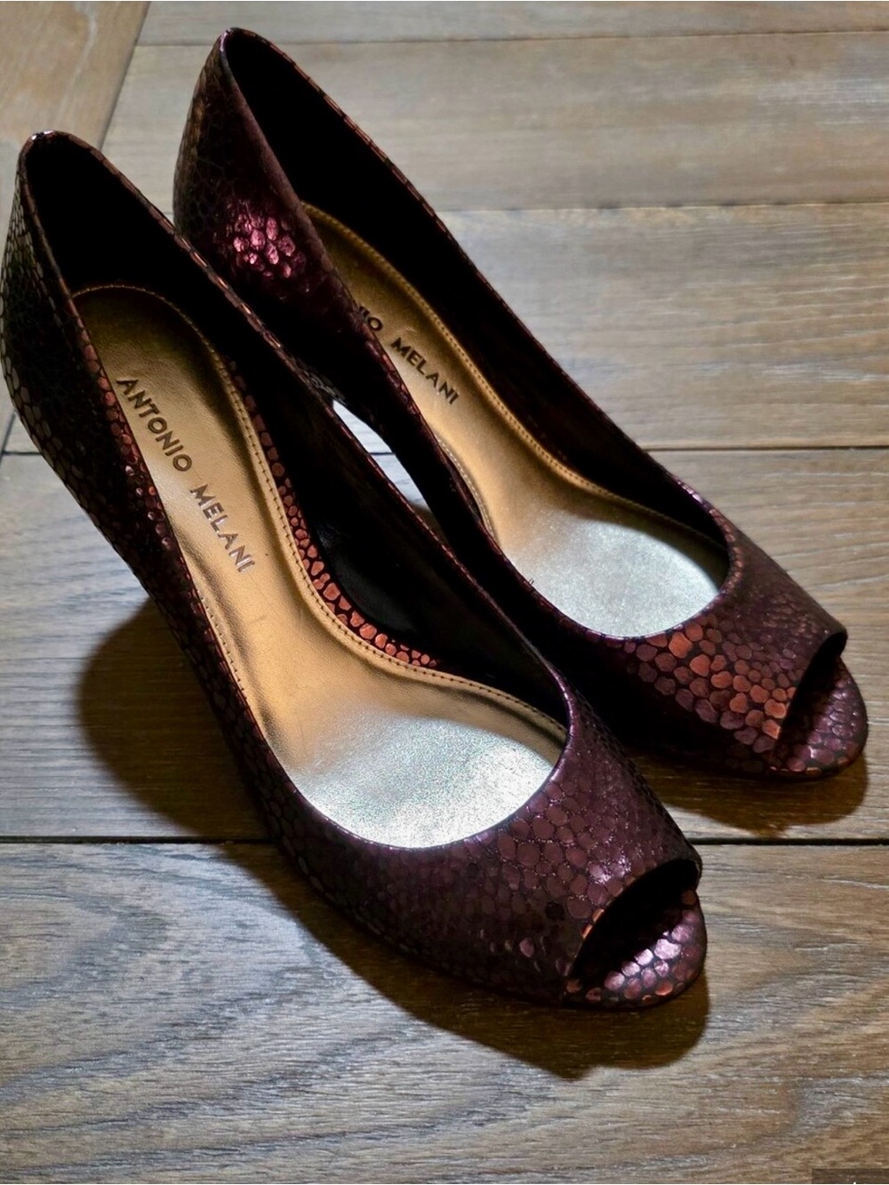 ANTONIO MELANI Iridescent Metallic Peep-Toe Heels Copper Scales snakeskin 8.5